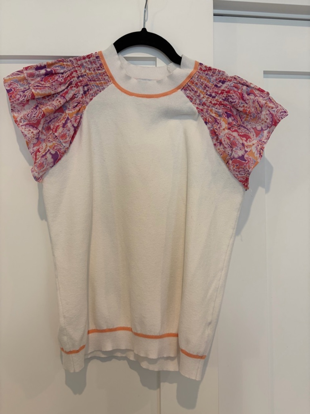 Fate White Knit Top with Pink-Orange Patterned Puff Sleeves